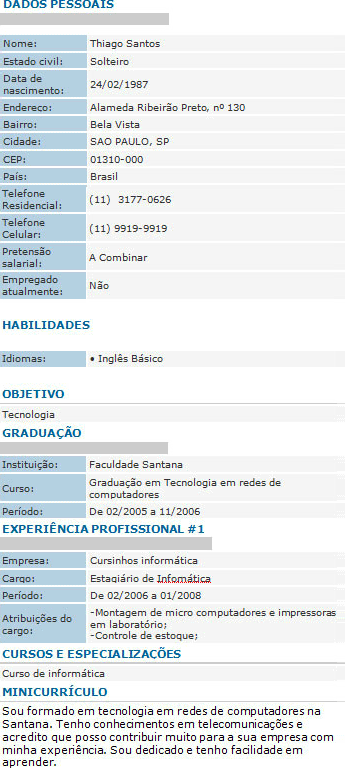 Curr�culo antes da an�lise